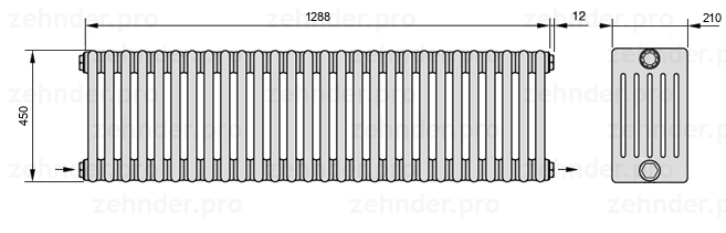 Схема (чертеж) Радиатор Zehnder Charleston 6045/28 №2670 Белый глянцевый RAL 9016